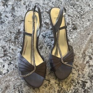 Monet Gray Satin T-Strap Slingback Heels with Rhinestone Trim